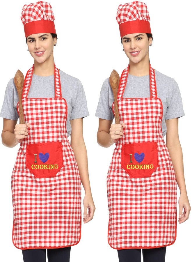 Whitewrap Cotton Fabric Check Design Aprons With Matching Chef Cap For Women Kitchen Waterproof, Chef Cooking Kitchen Aprons with Pockets for Men And Women (FREE, RED, 2) - Image 1