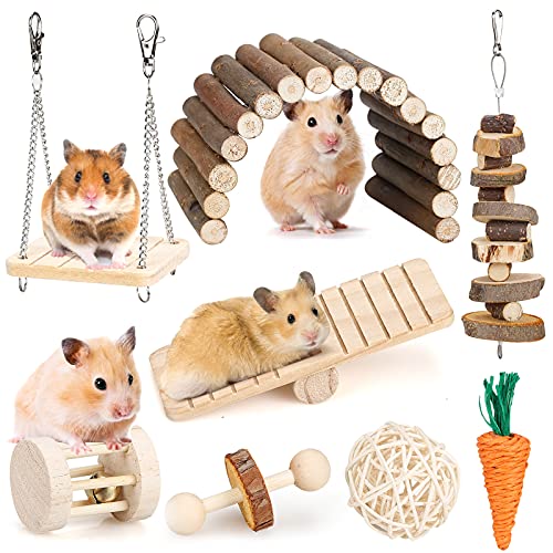 BBjinronjy Hamster Chew Toys Set Small Animal Molar Toys Teeth Care Wooden Accessories for Guinea PigsChinchillasGerbilsMiceRatsMouse Rodents Toy Swing Seesaw Bridge Wood - Image 1