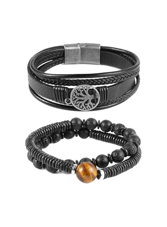 جيج بي في أساور الرجال جلود عين النمر الحجر الطبيعي صخور الحمم الخرز أساور مرنة أساور - Image 3