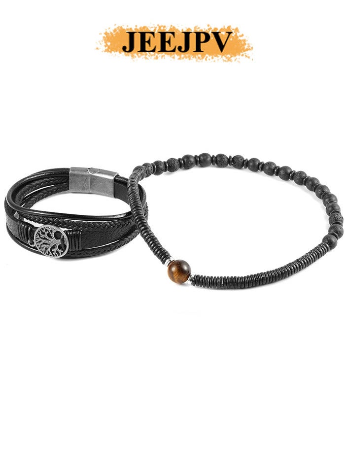 جيج بي في أساور الرجال جلود عين النمر الحجر الطبيعي صخور الحمم الخرز أساور مرنة أساور - Image 4