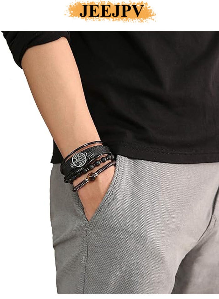 جيج بي في أساور الرجال جلود عين النمر الحجر الطبيعي صخور الحمم الخرز أساور مرنة أساور - Image 1