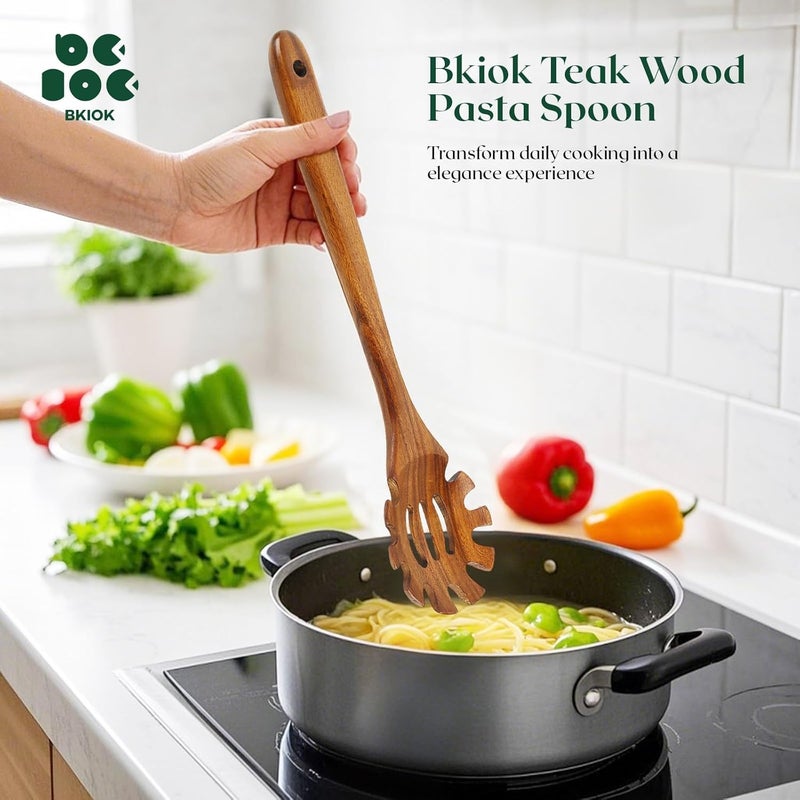 Bkiok Teak Wood Pasta Fork for Cooking, Noodle Spaghetti Spoon Server, Elaborately Polished Wooden Pasta Server with Teeth - Image 4