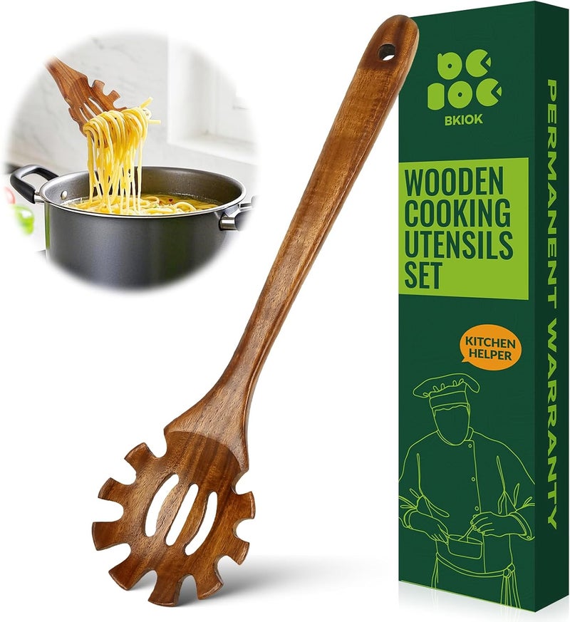 Bkiok Teak Wood Pasta Fork for Cooking, Noodle Spaghetti Spoon Server, Elaborately Polished Wooden Pasta Server with Teeth - Image 1