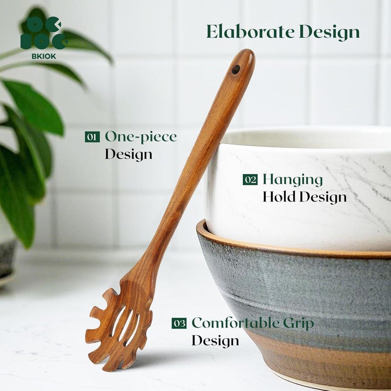 Bkiok Teak Wood Pasta Fork for Cooking, Noodle Spaghetti Spoon Server, Elaborately Polished Wooden Pasta Server with Teeth - Image 3