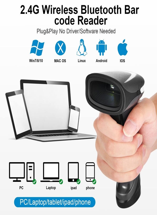 JRHC Bluetooth QR Barcode Scanner, PDF417 Rechargeable Code Scanner Wireless, Data Matrix 2D Barcode Rearder Cordless Connect Smart Phone, Tablet, PC, CCD Code Reader Work with Windows, Mac,Android - Image 2
