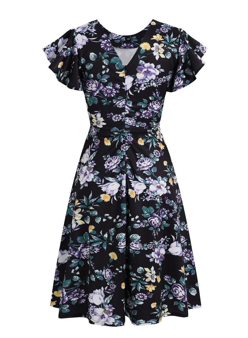 HELYO Fit and Flare Dresses for Wome Petite Elegant Vintage Ruffle Sleeves V-Back Casual Work A-Line Cocktail Party Dresses with Pockets 842 Black Floral M - Image 4