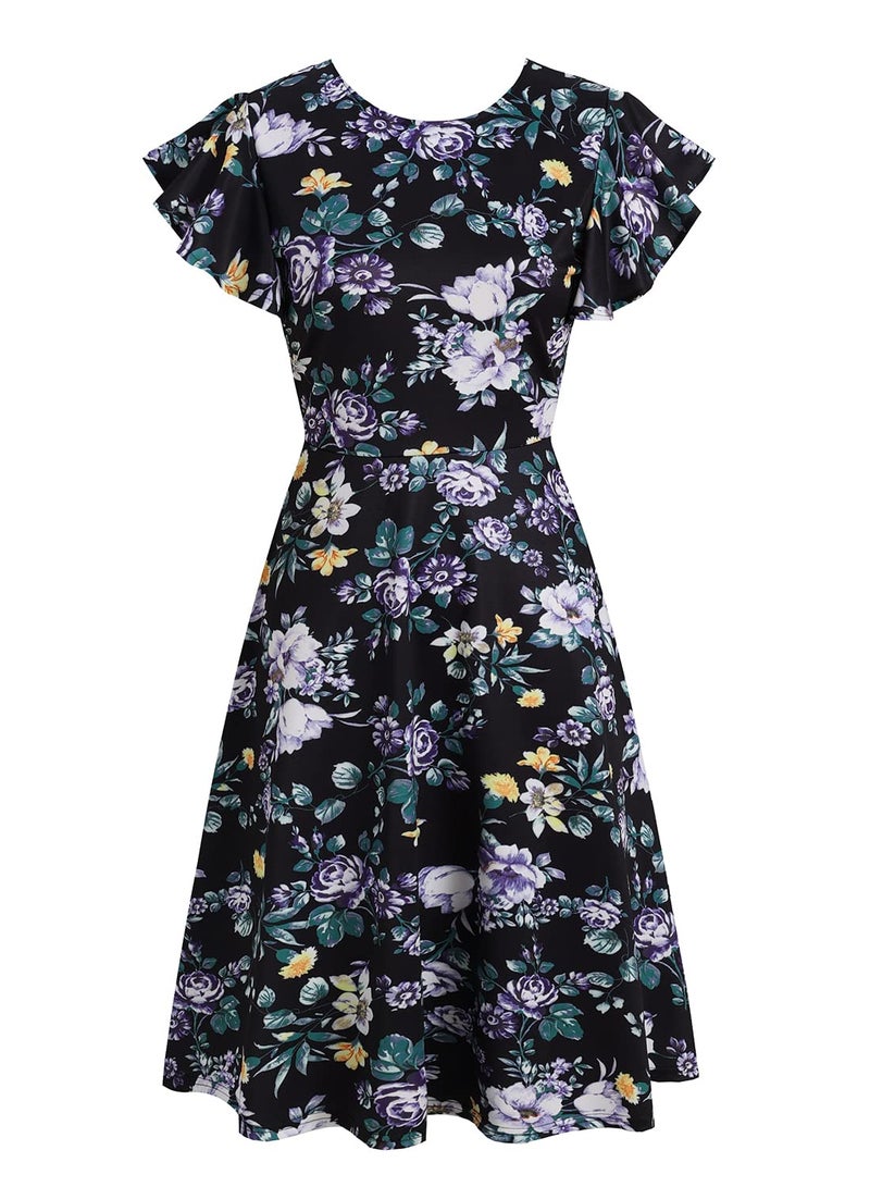 HELYO Fit and Flare Dresses for Wome Petite Elegant Vintage Ruffle Sleeves V-Back Casual Work A-Line Cocktail Party Dresses with Pockets 842 Black Floral M - Image 3