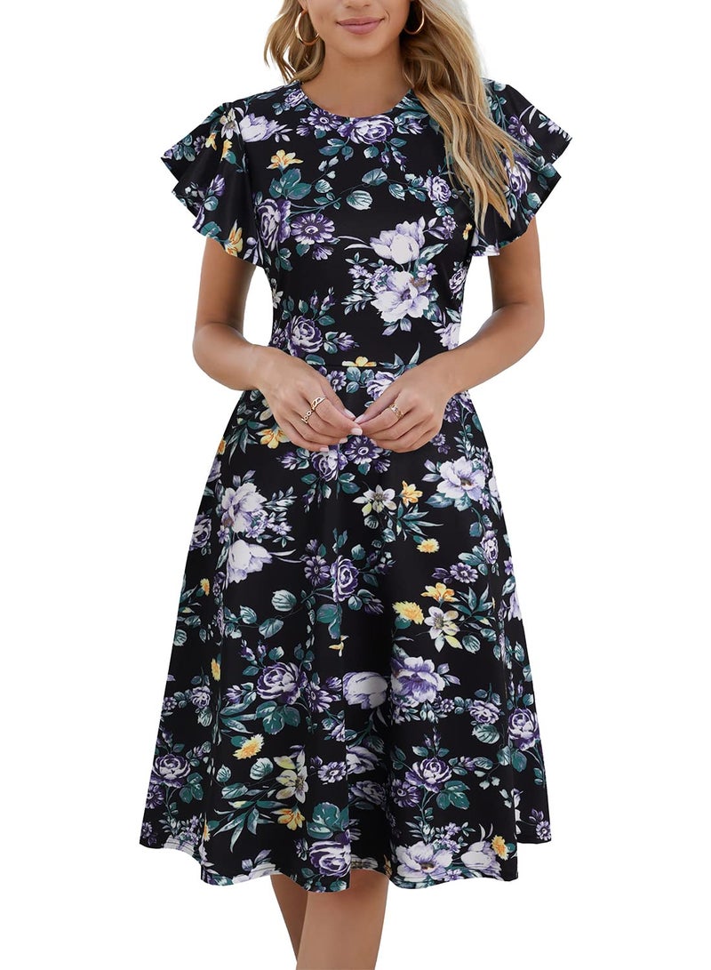 HELYO Fit and Flare Dresses for Wome Petite Elegant Vintage Ruffle Sleeves V-Back Casual Work A-Line Cocktail Party Dresses with Pockets 842 Black Floral M - Image 1