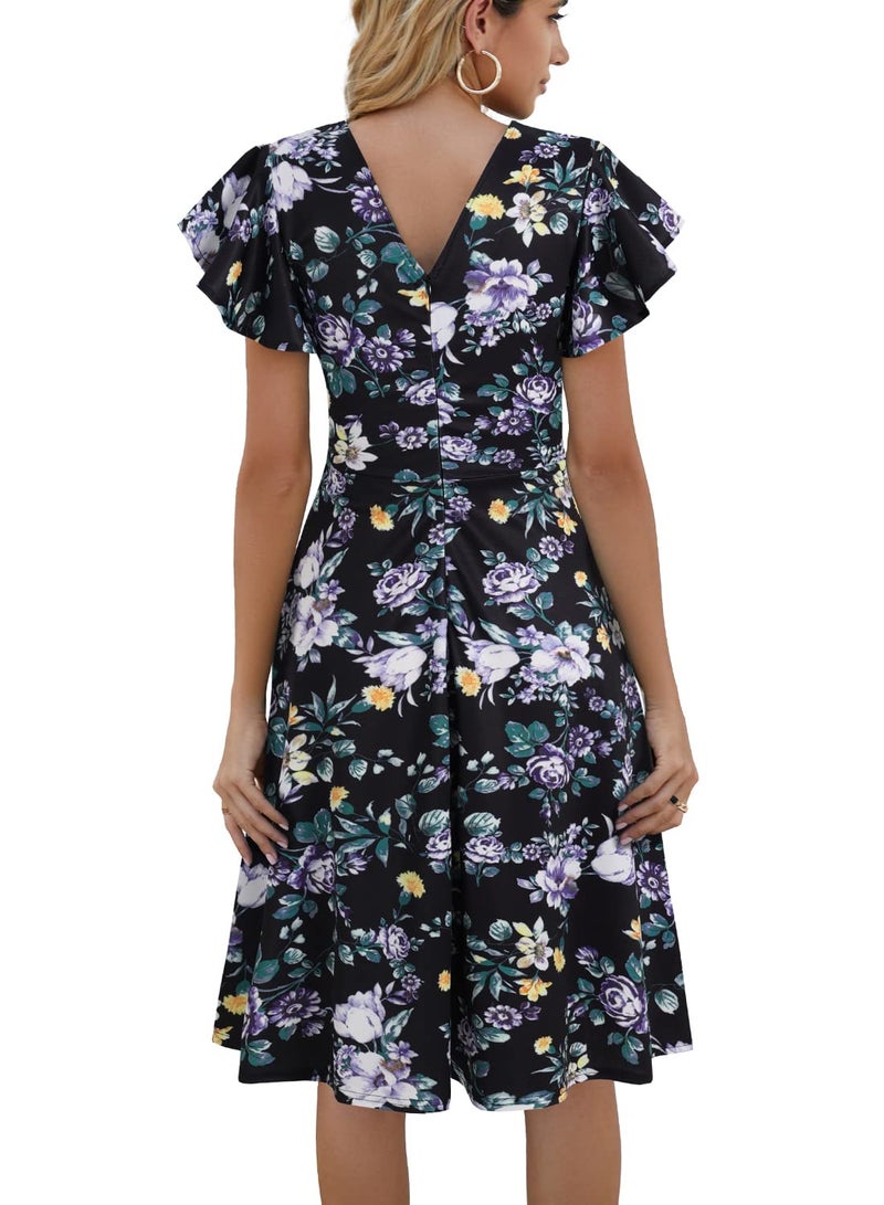 HELYO Fit and Flare Dresses for Wome Petite Elegant Vintage Ruffle Sleeves V-Back Casual Work A-Line Cocktail Party Dresses with Pockets 842 Black Floral M - Image 2