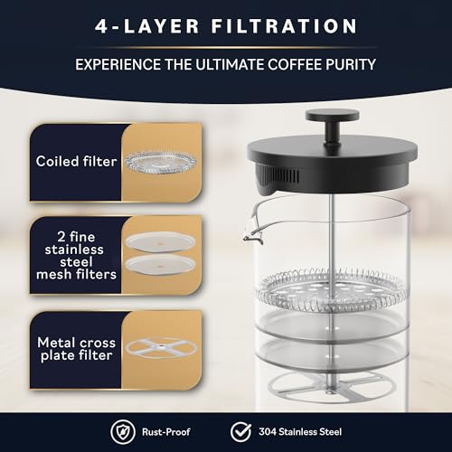 HomeHero Home Hero French Press Coffee Maker - 34 oz Coffee Press with Bamboo Wood Handle, Heat Resistant Thick Borosilicate Glass French Presses, 4 Layer Filter, French Press Stainless Steel (Black) - Image 4
