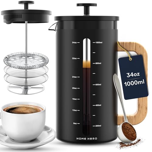 HomeHero Home Hero French Press Coffee Maker - 34 oz Coffee Press with Bamboo Wood Handle, Heat Resistant Thick Borosilicate Glass French Presses, 4 Layer Filter, French Press Stainless Steel (Black) - Image 1