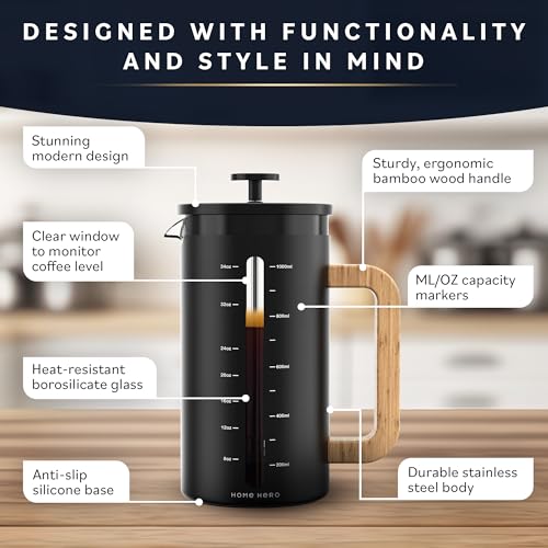 HomeHero Home Hero French Press Coffee Maker - 34 oz Coffee Press with Bamboo Wood Handle, Heat Resistant Thick Borosilicate Glass French Presses, 4 Layer Filter, French Press Stainless Steel (Black) - Image 3