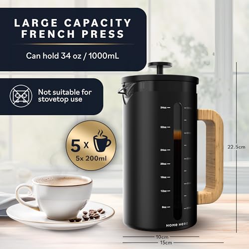 HomeHero Home Hero French Press Coffee Maker - 34 oz Coffee Press with Bamboo Wood Handle, Heat Resistant Thick Borosilicate Glass French Presses, 4 Layer Filter, French Press Stainless Steel (Black) - Image 5