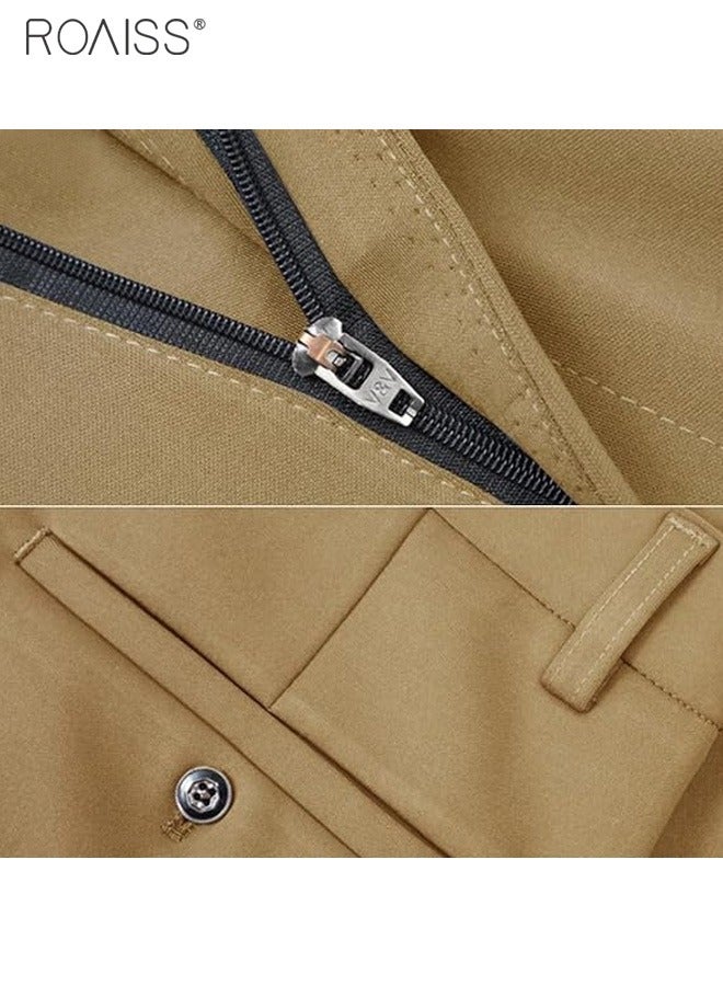 roaiss سروال رجال موضة كاجوال للأعمال صيفي خفيف رفيع عالي المرونة لون كاكي نقي مع جيوب على الجانبين - Image 2