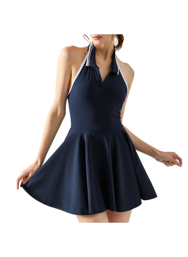New Hanging Neck Contrast Lapel Sports One-piece Skirt Women's Chest Pad Yoga Vest Fake Two-piece Anti-glare Tennis Skirt - Image 5