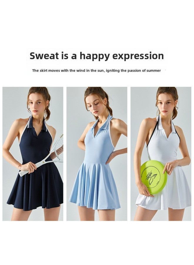 New Hanging Neck Contrast Lapel Sports One-piece Skirt Women's Chest Pad Yoga Vest Fake Two-piece Anti-glare Tennis Skirt - Image 2