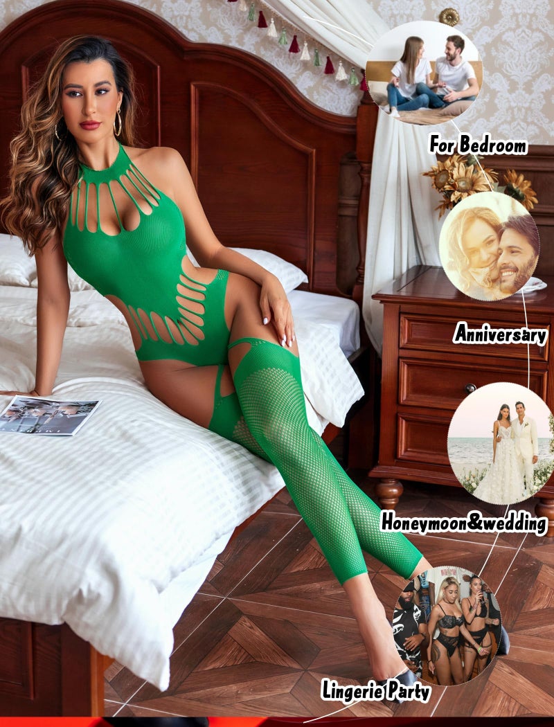 GirlFriend Sexy Women's Lingerie Set - Lace Babydoll Outfits 1 Piece Fishnet Bodysuit with Attached Mini Skirt with Stockings Green - Image 3