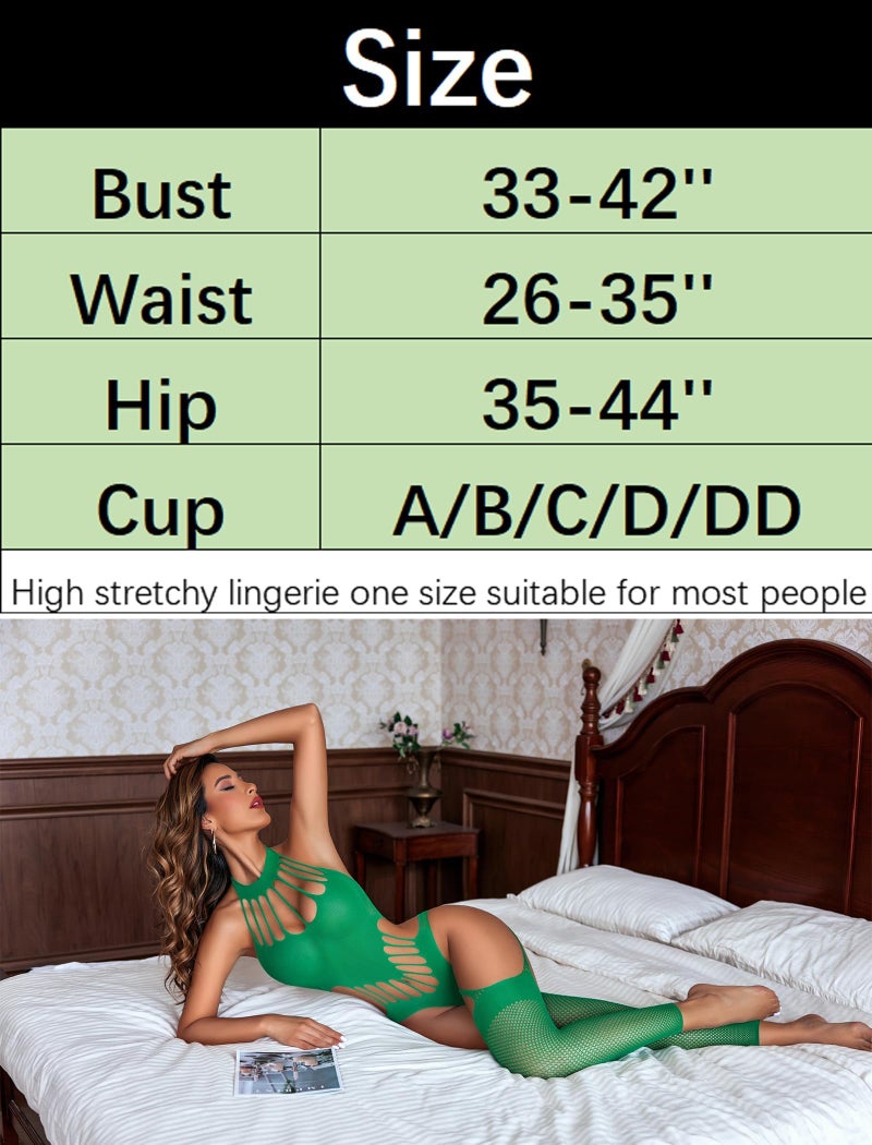 GirlFriend Sexy Women's Lingerie Set - Lace Babydoll Outfits 1 Piece Fishnet Bodysuit with Attached Mini Skirt with Stockings Green - Image 5