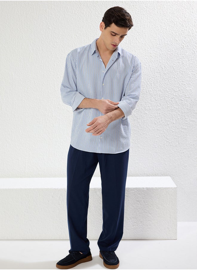 trendyol Blue Oversized Striped Seersucker Flexible Comfortable Fabric Knit Shirt TMNSS25GO00024  - Image 3
