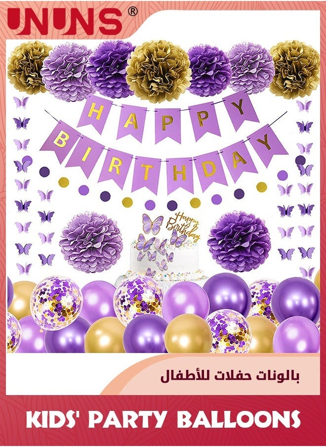 UNUNS Purple Gold Birthday Party Supplies,Purple Gold Balloons,Butterfly Hanging Swirls,Circle Dots Garland,Paper Flowers Cake Toppers,Happy Birthday Banner,Birthday Party Decorations - Image 1
