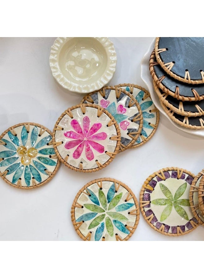 كوزي نست كوسترات دائرية يدوية من راتان مع تطعيم أم اللؤلؤ الملون، مقاومة للحرارة، طقم 4 قطع لحماية الطاولة وتزيين القهوة، الشاي، الحفلات وديكور المنزل ألوان عشوائية - Image 2