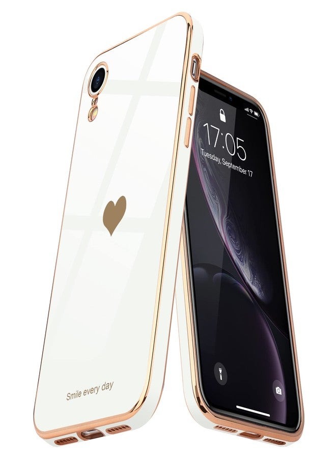 Teageo Compatible with iPhone Xr Case for Women Girl Cute Love-Heart Luxury Bling Plating Soft Back Cover Raised Full Camera Protection Bumper Silicone Shockproof Phone Case for iPhone Xr, White - Image 1