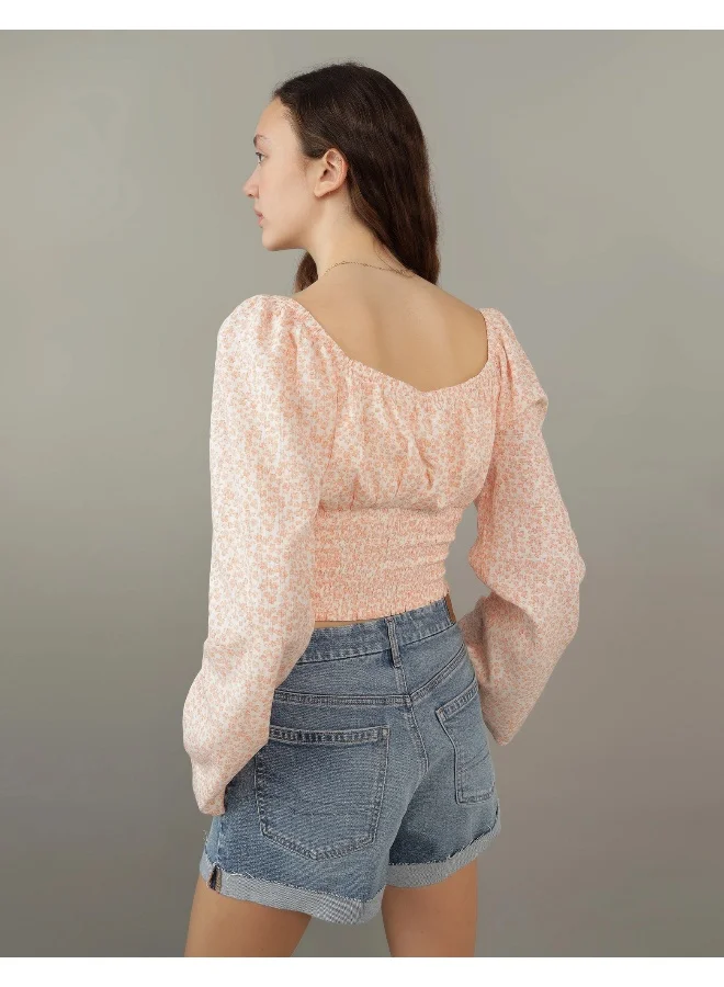 American Eagle Floral Square Neck Ruched Blouse