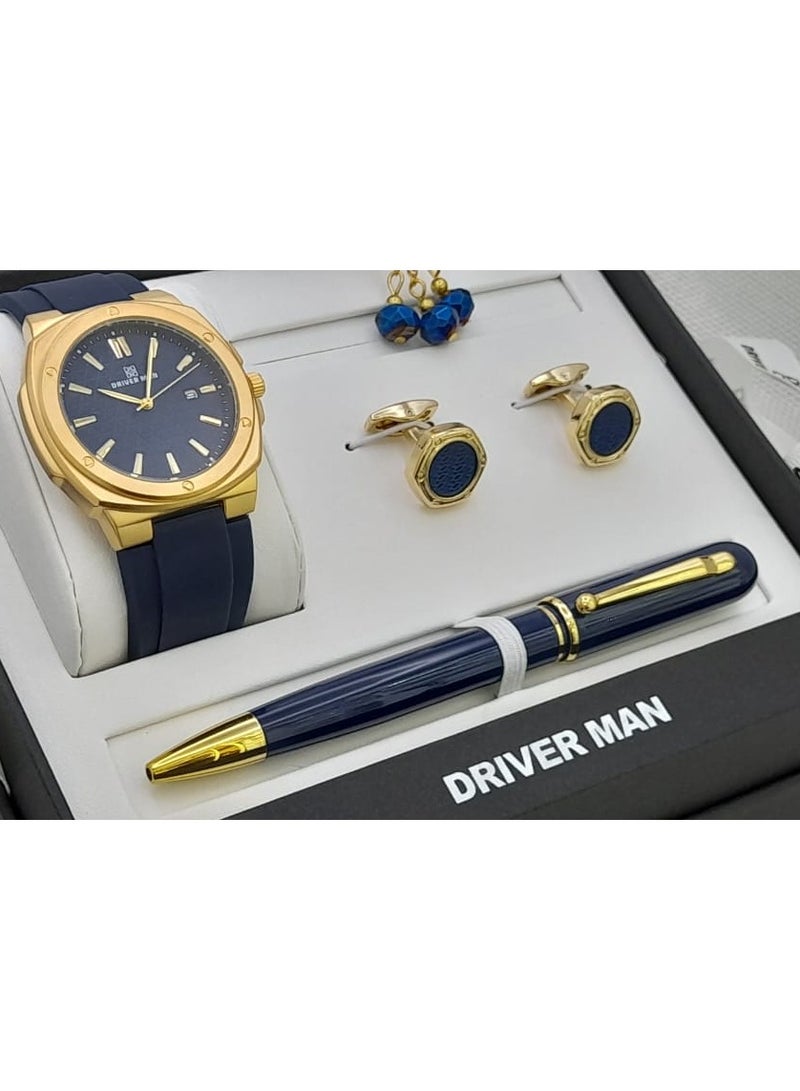 DRIVERMAN Driver Man men's watch set with a luxury box. Consisting of a watch, pen, cufflinks, and rosary.