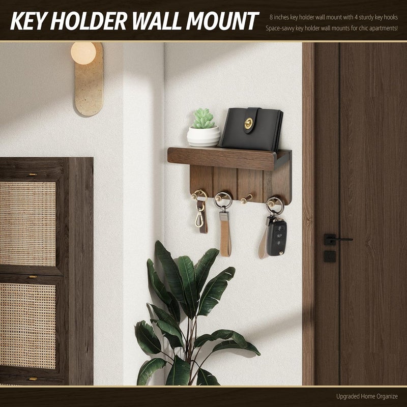 Rebee Vision Farmhouse Key Holder Wall Mount - Small Key and Mail Holder for Wall with 4 Hooks and Mini Floating Shelf - Ideal Apartment Essentials for Room Decor Aesthetic (Rustic Brown) - Image 2