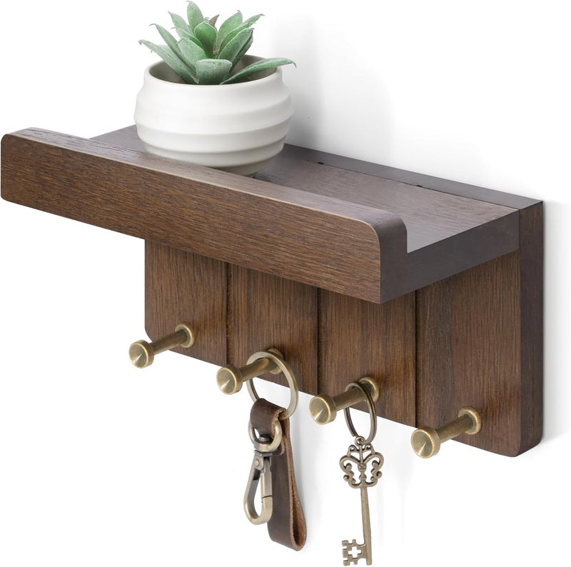 Rebee Vision Farmhouse Key Holder Wall Mount - Small Key and Mail Holder for Wall with 4 Hooks and Mini Floating Shelf - Ideal Apartment Essentials for Room Decor Aesthetic (Rustic Brown) - Image 1