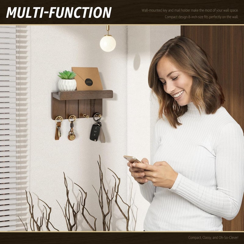 Rebee Vision Farmhouse Key Holder Wall Mount - Small Key and Mail Holder for Wall with 4 Hooks and Mini Floating Shelf - Ideal Apartment Essentials for Room Decor Aesthetic (Rustic Brown) - Image 3