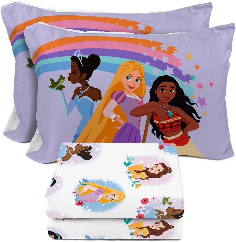 Sunny Side Up Disney Princess Full Sheet Set - 4 Piece Kids Bedding Set Includes Pillow Cover - Super Soft Rainbow Microfiber Sheets Moana, Belle & Rapunzel - Image 1