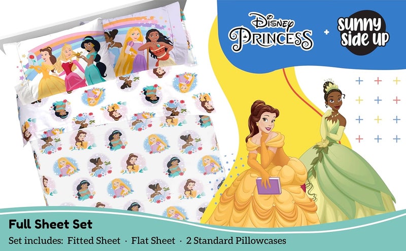 Sunny Side Up Disney Princess Full Sheet Set - 4 Piece Kids Bedding Set Includes Pillow Cover - Super Soft Rainbow Microfiber Sheets Moana, Belle & Rapunzel - Image 2