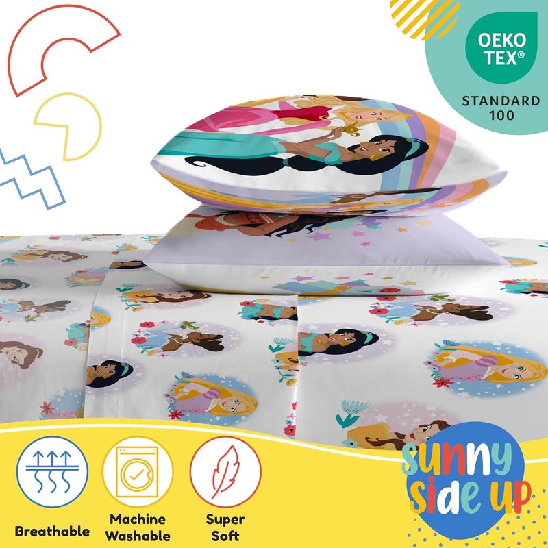 Sunny Side Up Disney Princess Full Sheet Set - 4 Piece Kids Bedding Set Includes Pillow Cover - Super Soft Rainbow Microfiber Sheets Moana, Belle & Rapunzel - Image 4