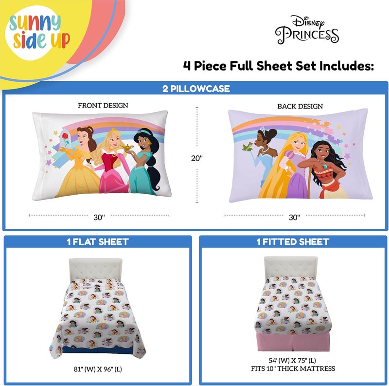 Sunny Side Up Disney Princess Full Sheet Set - 4 Piece Kids Bedding Set Includes Pillow Cover - Super Soft Rainbow Microfiber Sheets Moana, Belle & Rapunzel - Image 3
