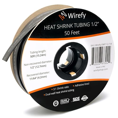 Wirefy وايرفي | أنبوب انكماش حراري - 1/2 بوصة - نسبة 3:1 - جدار مزدوج لاصق مقاوم للماء - أنبوب انكماش حراري - أنابيب انكماش حراري - أسود - 50 قدم لفة | شهادة موثوقة من UL - Image 1