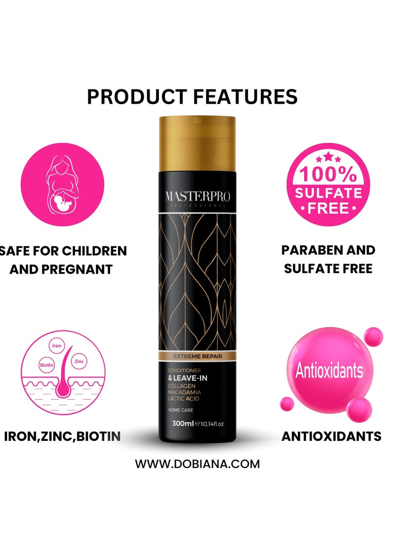 MASTERPRO PROFESSIONAL Leave In Conditioner Repair for Damaged, Dry or Frizzy Hair  Hydrating Conditioner Hair Protein with Collagen, Macadamia Oil & Lactic Acid  Volume & Moisturizing Control 300 ML  - Image 4