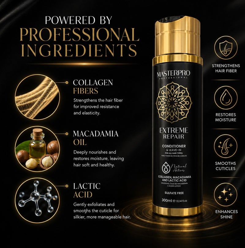 MASTERPRO PROFESSIONAL Leave In Conditioner Repair for Damaged, Dry or Frizzy Hair  Hydrating Conditioner Hair Protein with Collagen, Macadamia Oil & Lactic Acid  Volume & Moisturizing Control 300 ML - Image 4