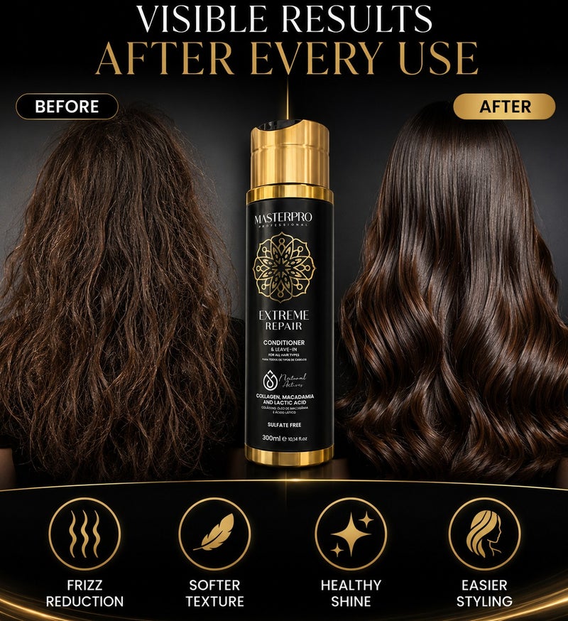 MASTERPRO PROFESSIONAL Leave In Conditioner Repair for Damaged, Dry or Frizzy Hair  Hydrating Conditioner Hair Protein with Collagen, Macadamia Oil & Lactic Acid  Volume & Moisturizing Control 300 ML - Image 5