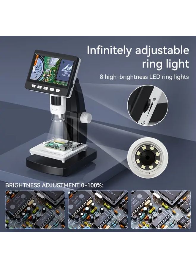 White Digital Microscope 4.3 Inch 50 1000X Magnification 2MP HD Camera 8 LED Lights USB Power - Image 5