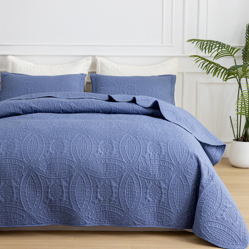 SheRest Twin Quilt Bedding Set - Grayish Blue Soft Breathable Bed Quilt, Modern Style Embossed Bedspreads, Lightweight Microfiber Reversible Coverlet for All Seasons - 1 Quilt, 1 Pillow Sham - Image 1