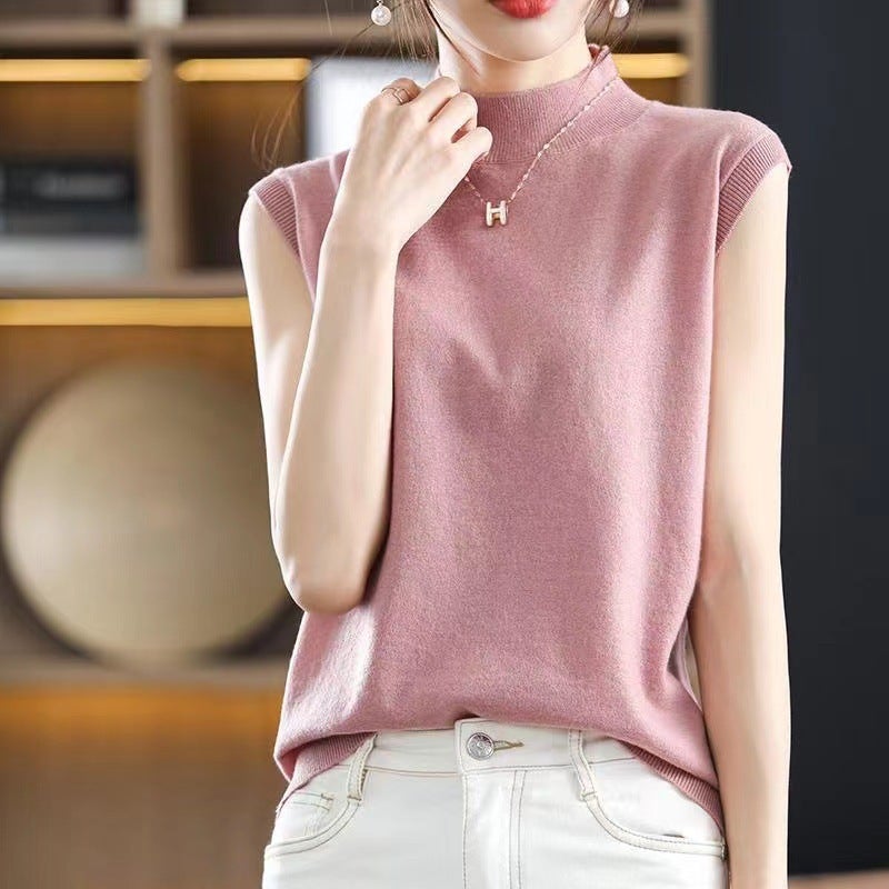 Ice Silk T-Shirt 2024 Spring And Korean Style Sleeveless Bottoming Shirt Half Turtleneck Slim Knitted Inner Vest Top - Image 1