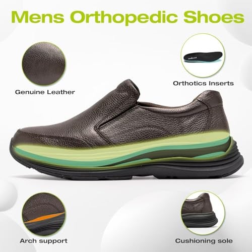 OrthoComfoot Men's Orthopedic Leather Dress Walking Shoes: Waterproof Plantar Fasciitis Oxfords Adjustable Fit for Heel Pain, Casual Arch Support Loafers with Cushion Thick Sole for Flat Feet Brown Size 10 - Image 3