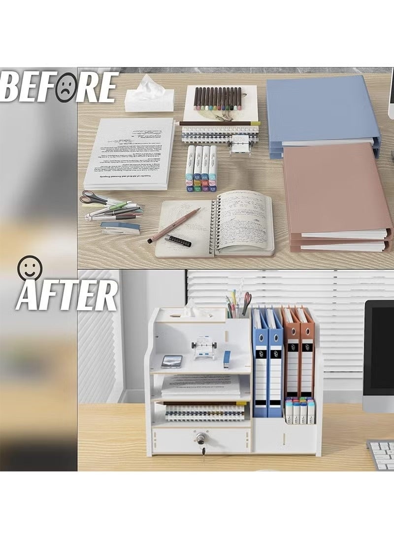 منظم مكتب خشبي، حامل تخزين منظم للمكتب بسعة كبيرة، صندوق تخزين لوازم المكتب DIY للأوراق A4 والكتب والمستندات والدفاتر - Image 4