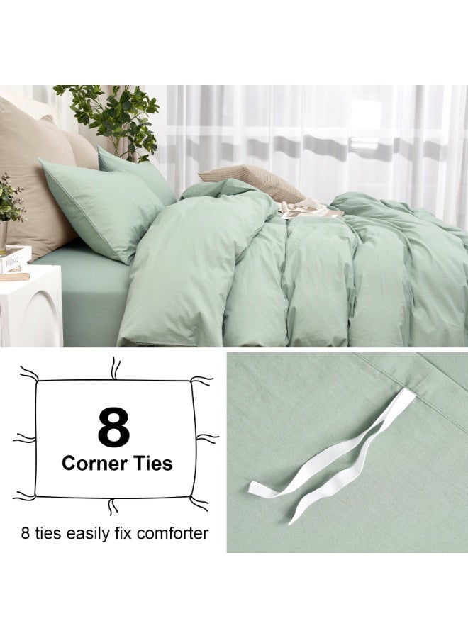 PHF 100% 3pcs Garment Washed Cotton Duvet Cover Queen Size (230cm x 230cm) with 2 Pillowcases (50cm x 66cm), Linen Like Breathable Durable Soft, Artemesia Green - Image 5