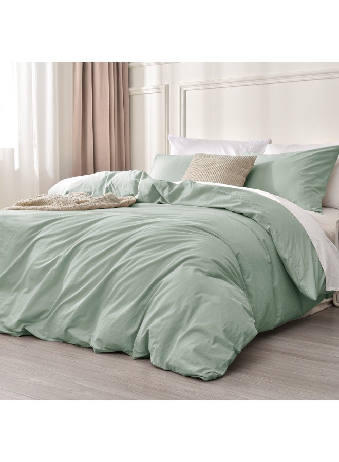 PHF 100% 3pcs Garment Washed Cotton Duvet Cover Queen Size (230cm x 230cm) with 2 Pillowcases (50cm x 66cm), Linen Like Breathable Durable Soft, Artemesia Green - Image 2