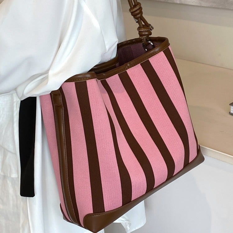 Contrast Color Striped Bucket Bag Women'S 2024 Summer Korean Style Ins Fashionable All-Match Underarm Bag Niche High-End Women'S Bag - Image 5