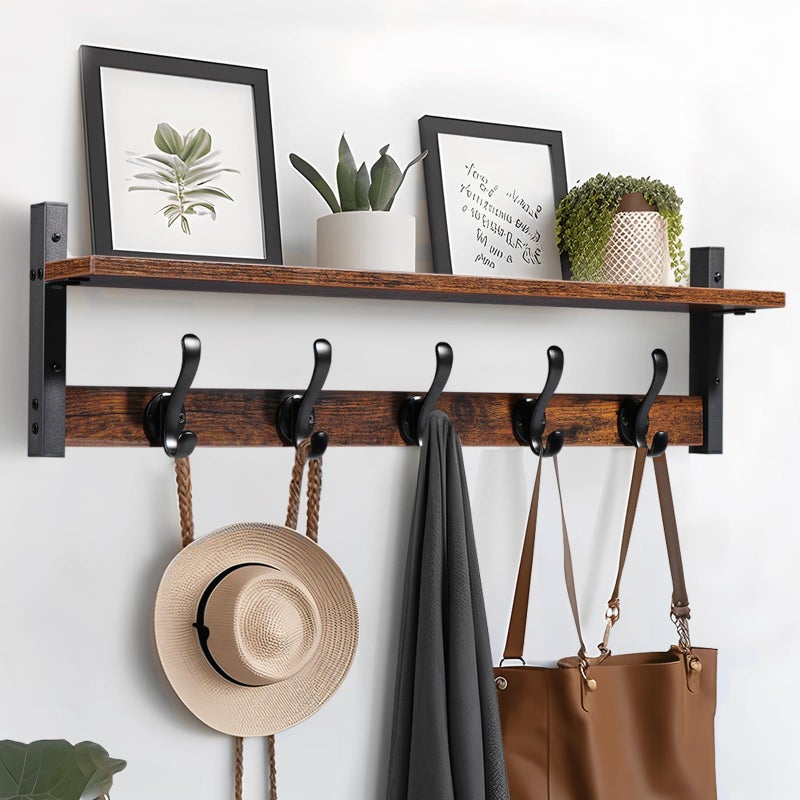 Tatub 29" Rustic Coat Rack Wall Mount with Shelf, Entryway Wall Hooks with Shelf, Coat Hangers for Bathroom, Living Room, Bedroom, Rustic Black - Image 1
