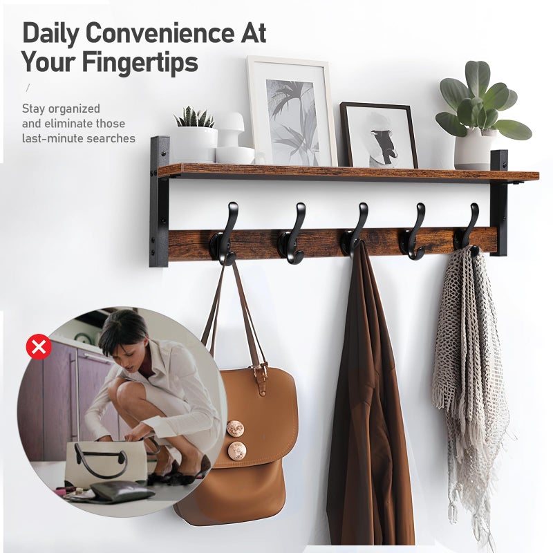 Tatub 29" Rustic Coat Rack Wall Mount with Shelf, Entryway Wall Hooks with Shelf, Coat Hangers for Bathroom, Living Room, Bedroom, Rustic Black - Image 4