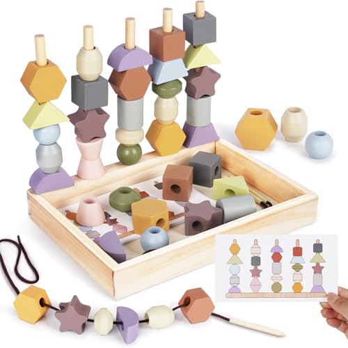 Vanplay Montessori Toys for 3 Year Old Wooden Lacing Beads Stacking Blocks Toys for 3 4 5 Year Old Girl Boy Easter Birthday Gifts Preschool Learning Activities With Beads Sequencing Set for Kids Age 3 - Image 1
